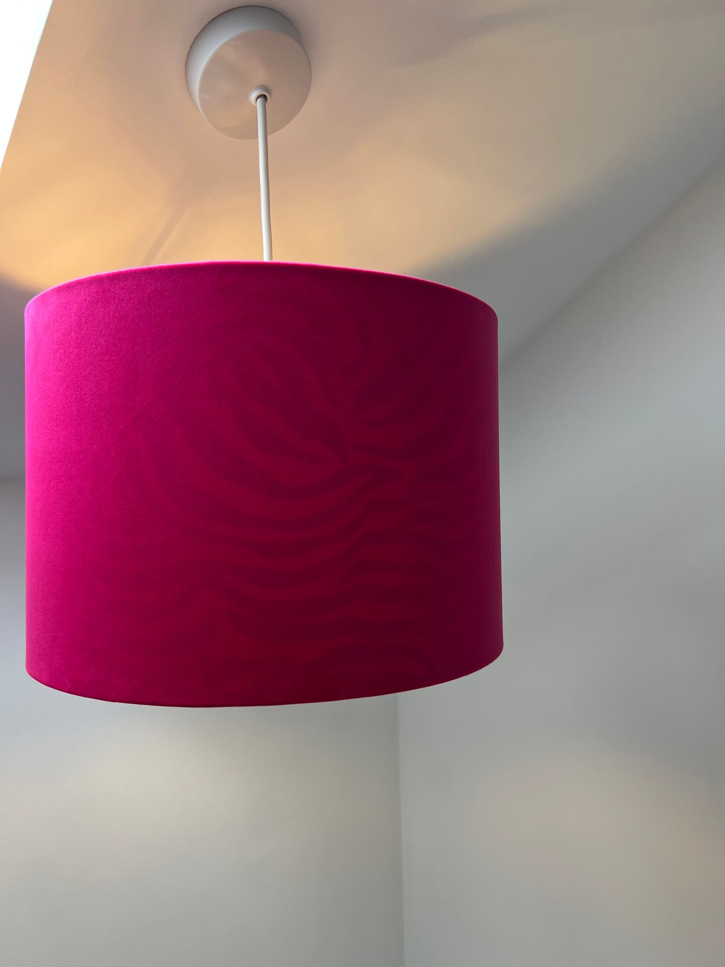 Cerise velvet drum lampshade/ ceiling light shade with zebra print cotton interior