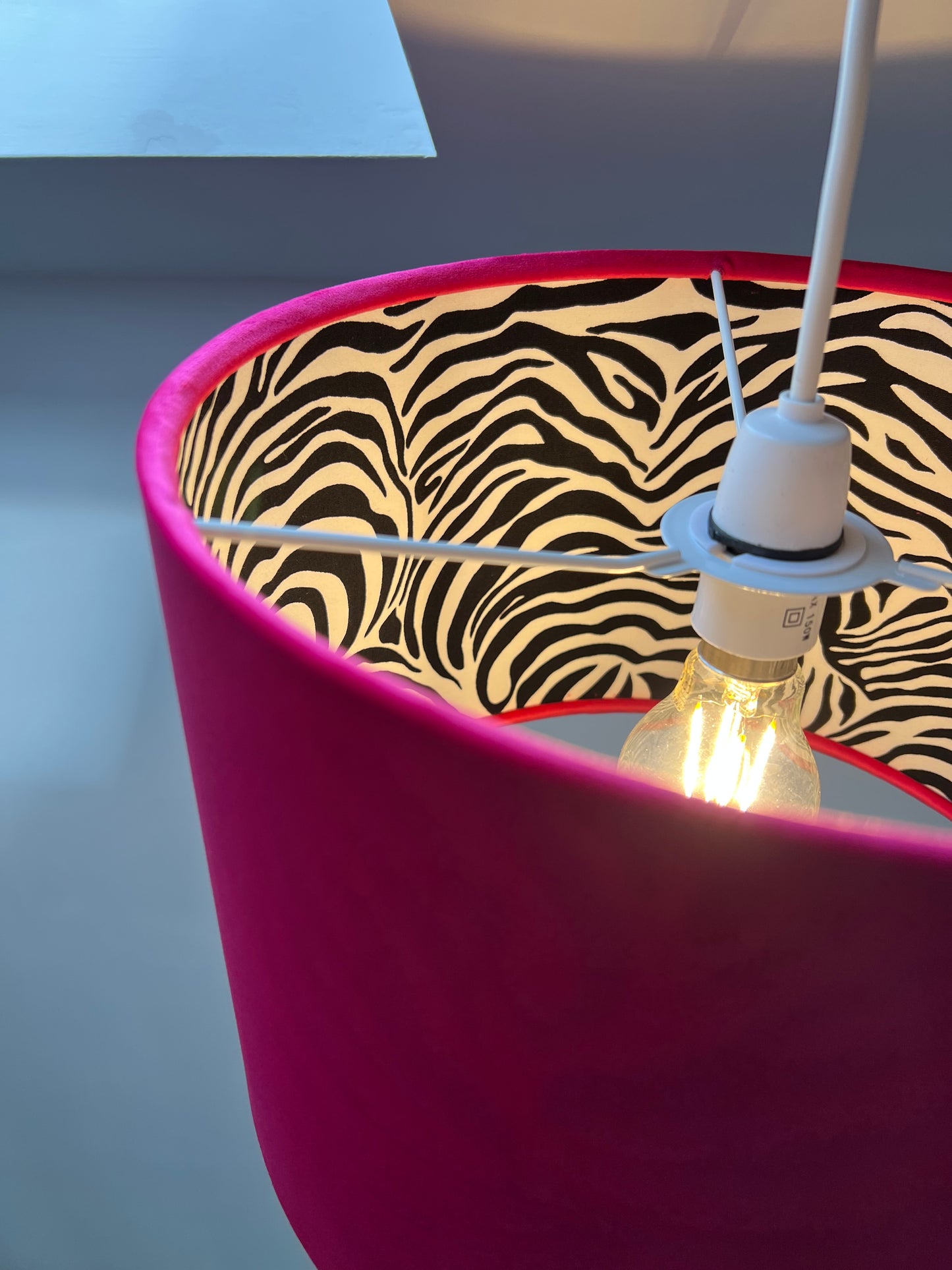 Cerise velvet drum lampshade/ ceiling light shade with zebra print cotton interior