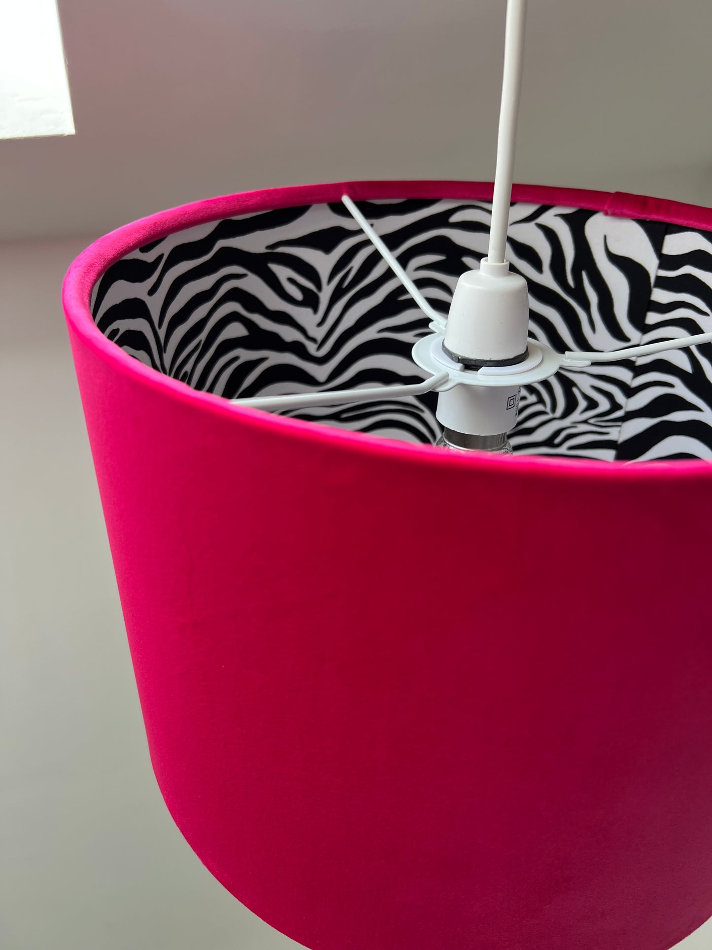 Cerise velvet drum lampshade/ ceiling light shade with zebra print cotton interior