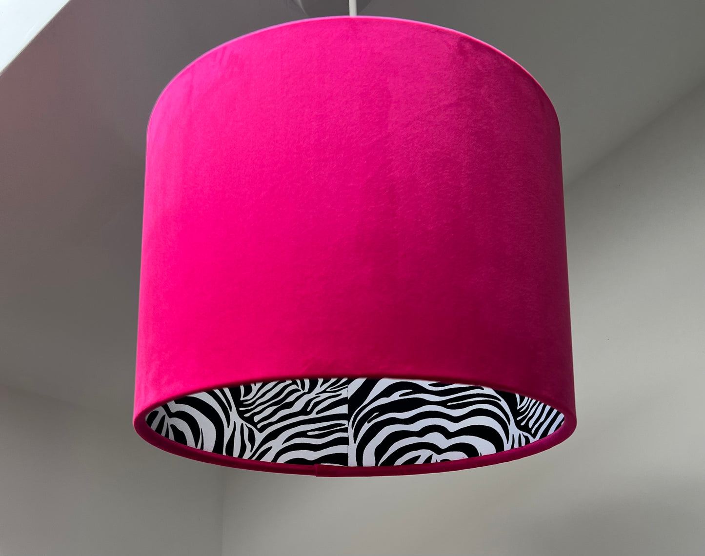 Cerise velvet drum lampshade/ ceiling light shade with zebra print cotton interior