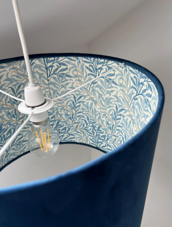 Navy velvet drum lampshade, double sided lampshade, with William Morris blue leaves cotton interior