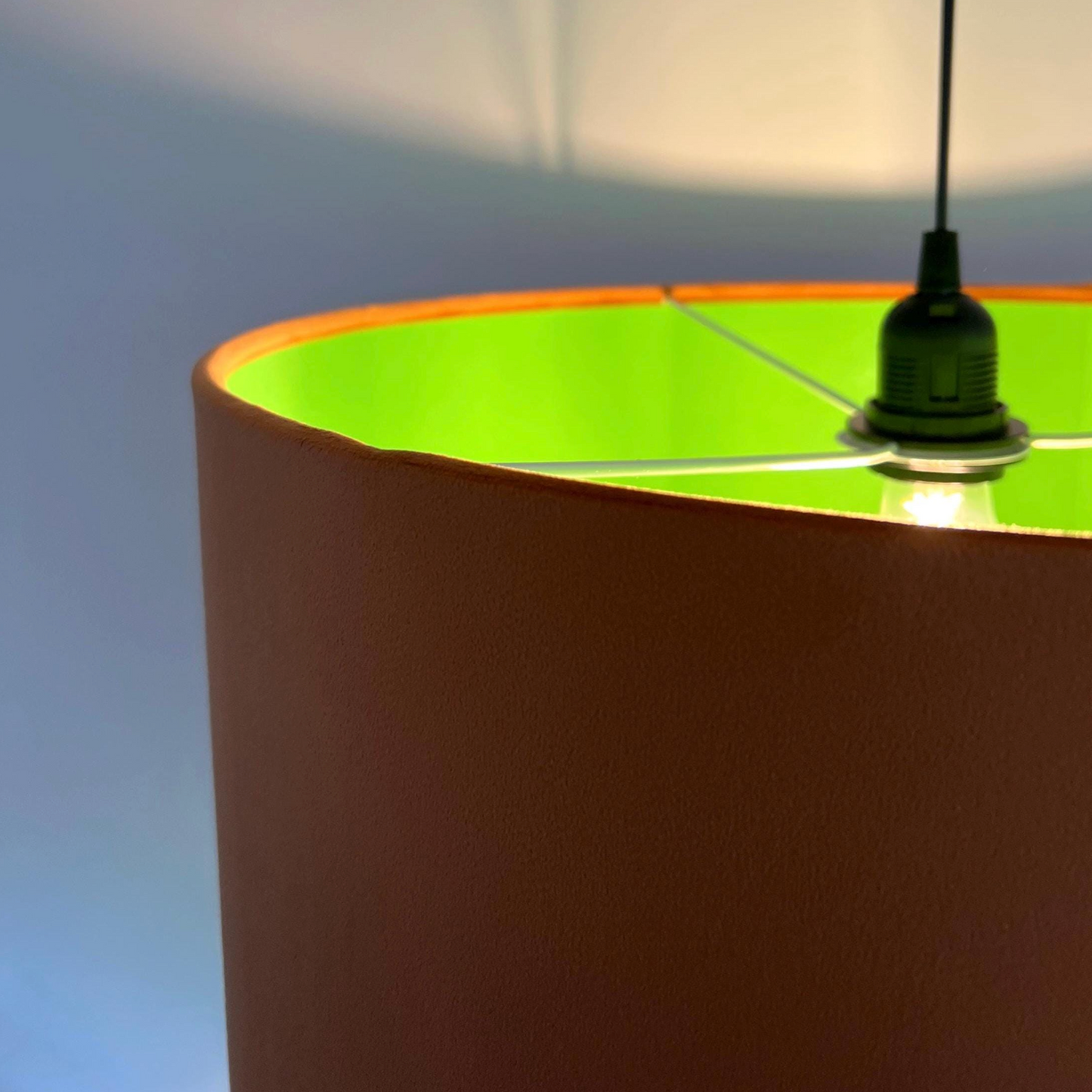 Burnt Orange Velvet & Green Cotton Double Sided Drum Lampshade | Handmade Ceiling Light Shade | Bespoke UK
