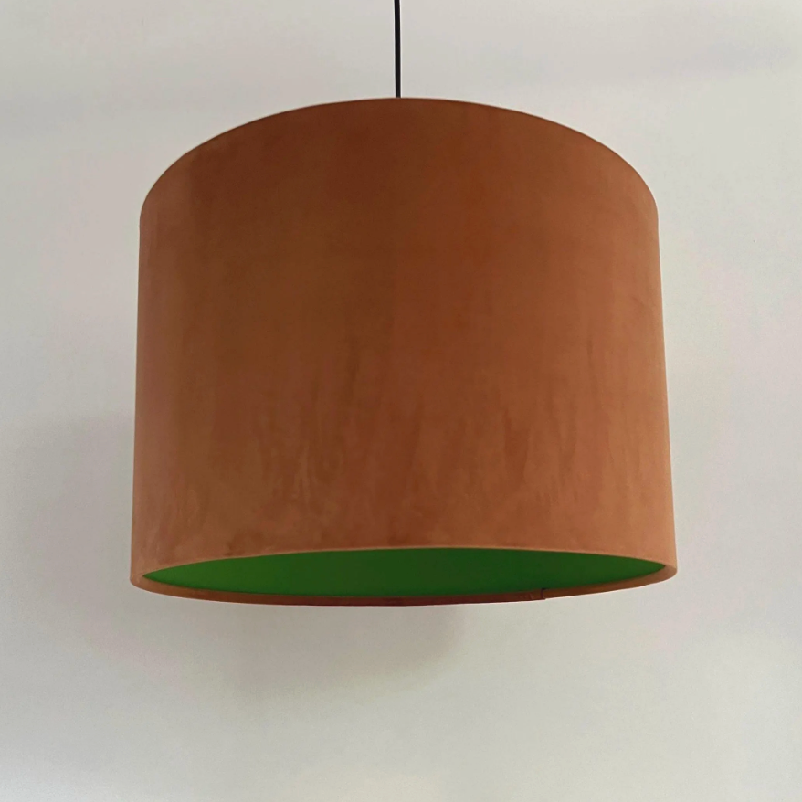 Burnt Orange Velvet & Green Cotton Double Sided Drum Lampshade | Handmade Ceiling Light Shade | Bespoke UK