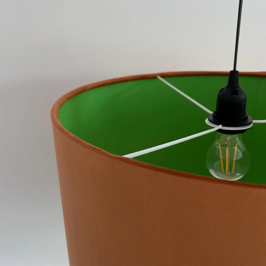 Burnt Orange Velvet & Green Cotton Double Sided Drum Lampshade | Handmade Ceiling Light Shade | Bespoke UK
