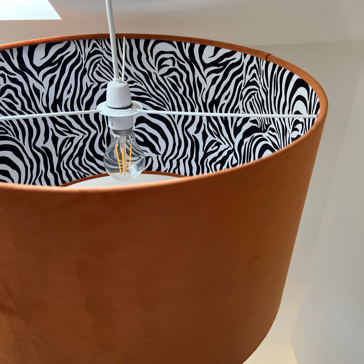 Burnt orange velvet drum lampshade/ ceiling light shade with zebra print cotton interior