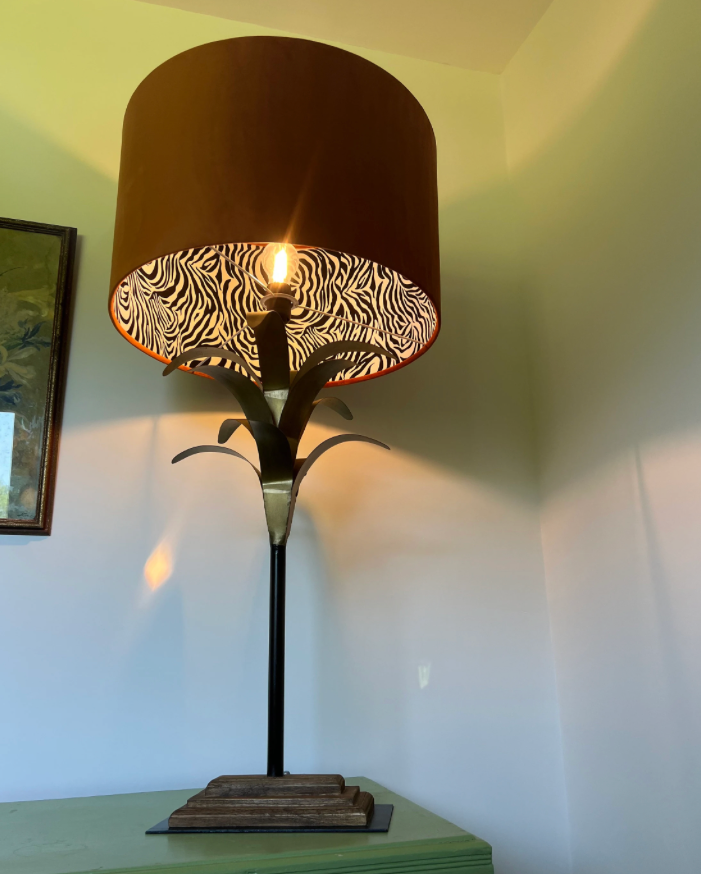 Burnt orange velvet drum lampshade/ ceiling light shade with zebra print cotton interior