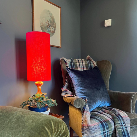Red linen cylinder lampshade, extra tall lampshade