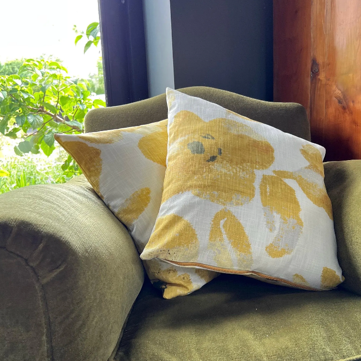 Ochre floral cotton cushion, scatter cushions