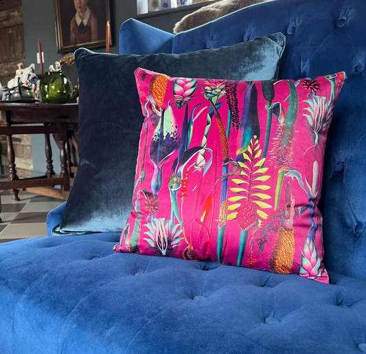 Cerise botanical velvet throw cushion