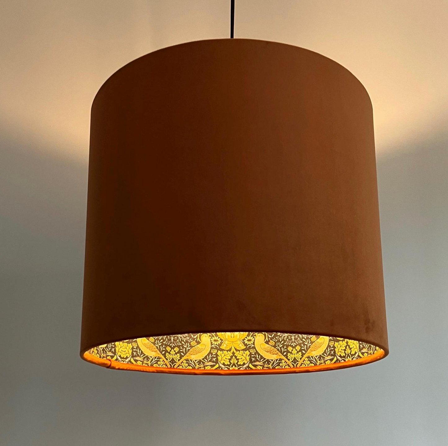 Burnt Orange Velvet & Navy Strawberry Thief Double Sided Drum Lampshade | Handmade Ceiling Light Shade | Bespoke UK