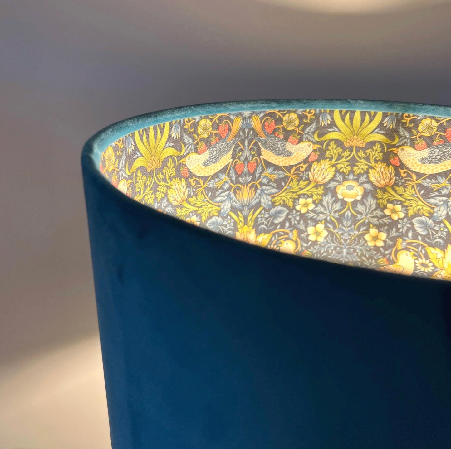 Teal Velvet & Navy Strawberry Thief Double Sided Drum Lampshade | Handmade Ceiling Light Shade | Bespoke UK