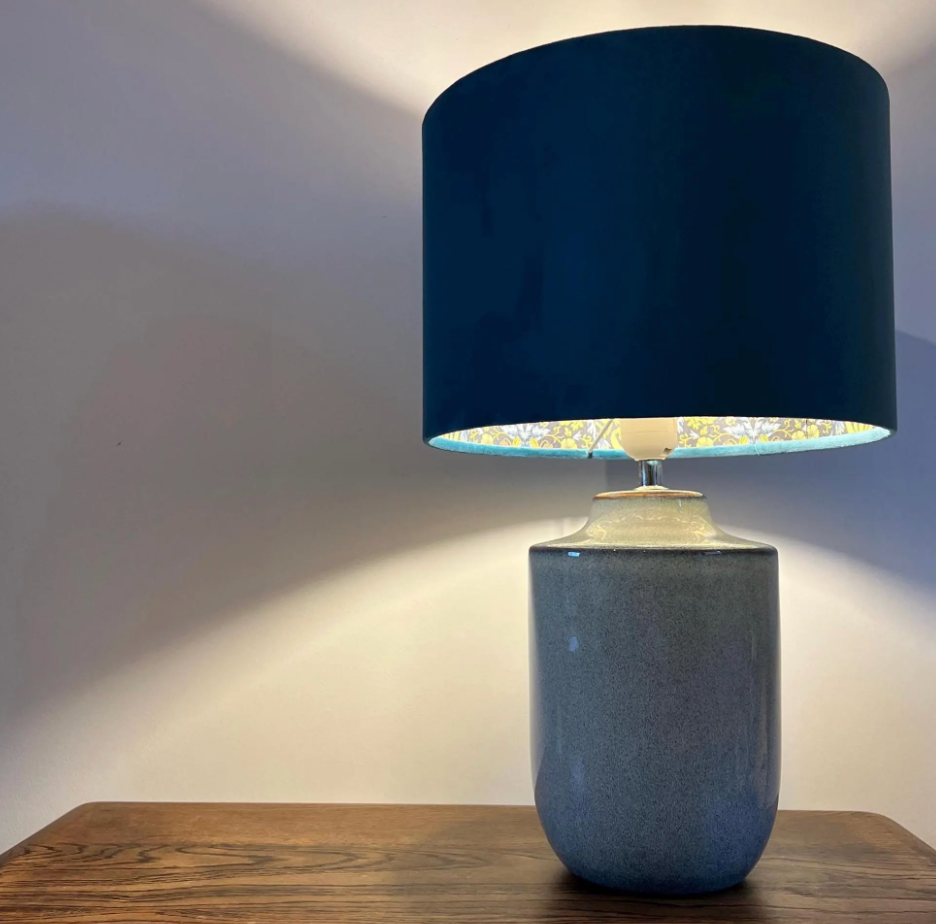 Teal Velvet & Navy Strawberry Thief Double Sided Drum Lampshade | Handmade Ceiling Light Shade | Bespoke UK