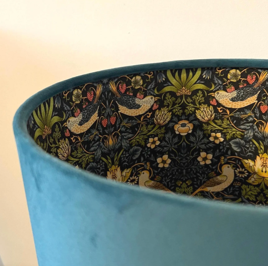 Teal Velvet & Navy Strawberry Thief Double Sided Drum Lampshade | Handmade Ceiling Light Shade | Bespoke UK