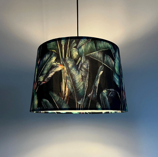 Black Leaves Velvet Lampshade | French Drum Ceiling Light Shade | Bespoke Handmade Empire Lampshade