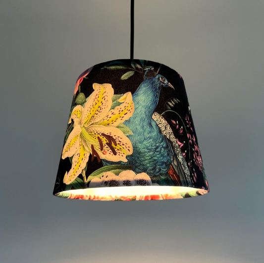 Black Peacock Floral Velvet Lampshade | French Drum Ceiling Light Shade | Bespoke Handmade Empire Lampshade