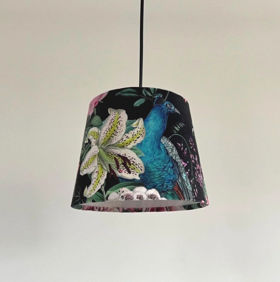 Black Peacock Floral Velvet Lampshade | French Drum Ceiling Light Shade | Bespoke Handmade Empire Lampshade