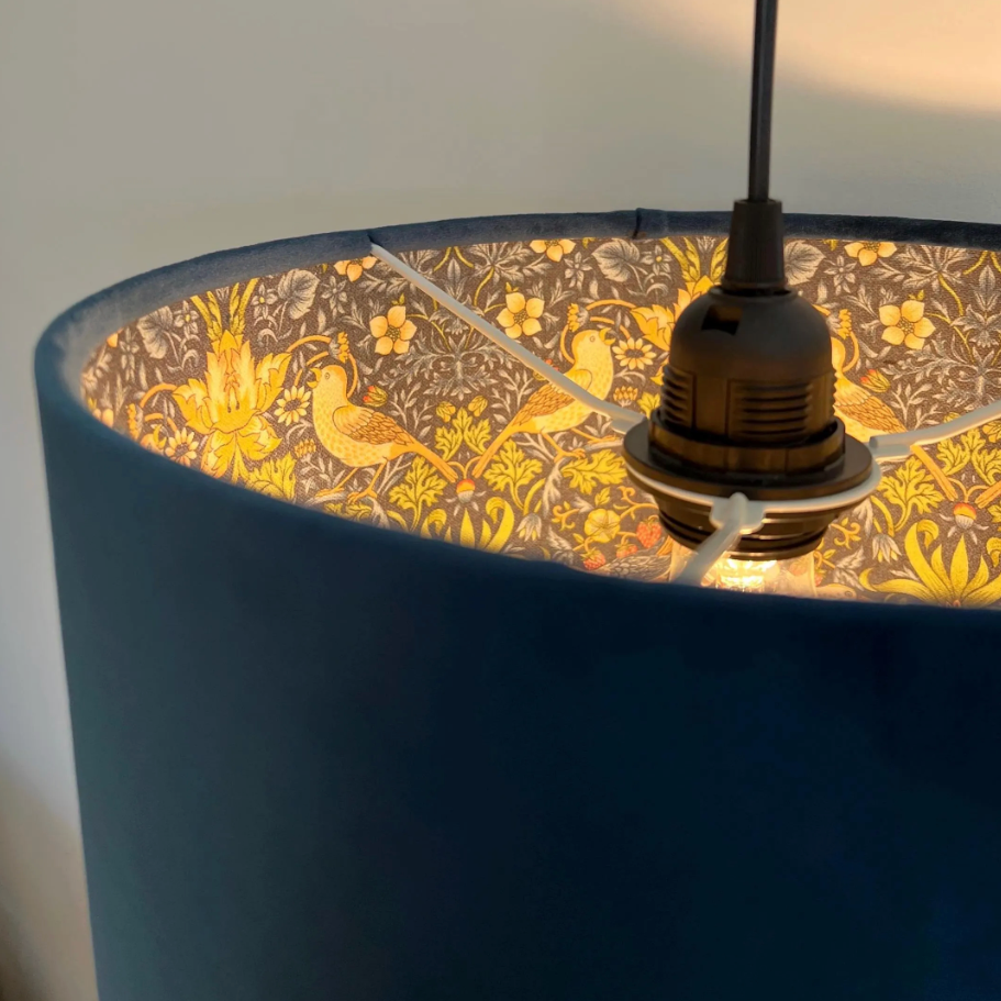 Navy Velvet & Navy Strawberry Thief Double Sided Drum Lampshade | Handmade Ceiling Light Shade | Bespoke UK