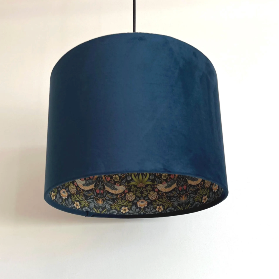 Navy Velvet & Navy Strawberry Thief Double Sided Drum Lampshade | Handmade Ceiling Light Shade | Bespoke UK