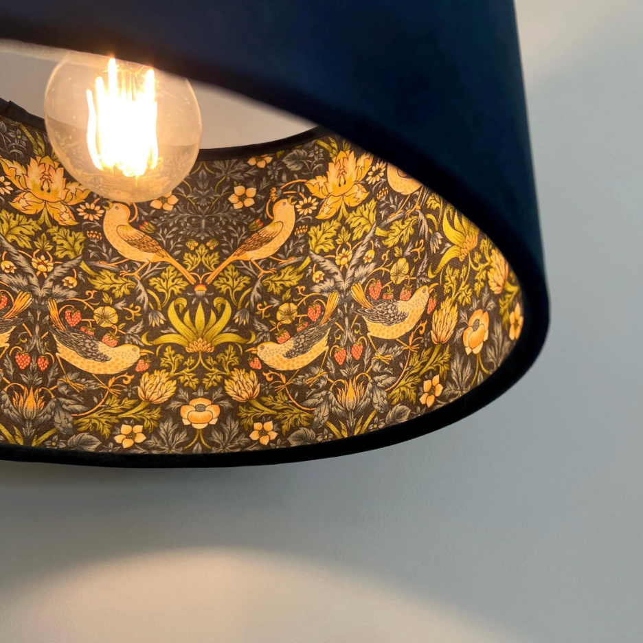Navy Velvet & Navy Strawberry Thief Double Sided Drum Lampshade | Handmade Ceiling Light Shade | Bespoke UK