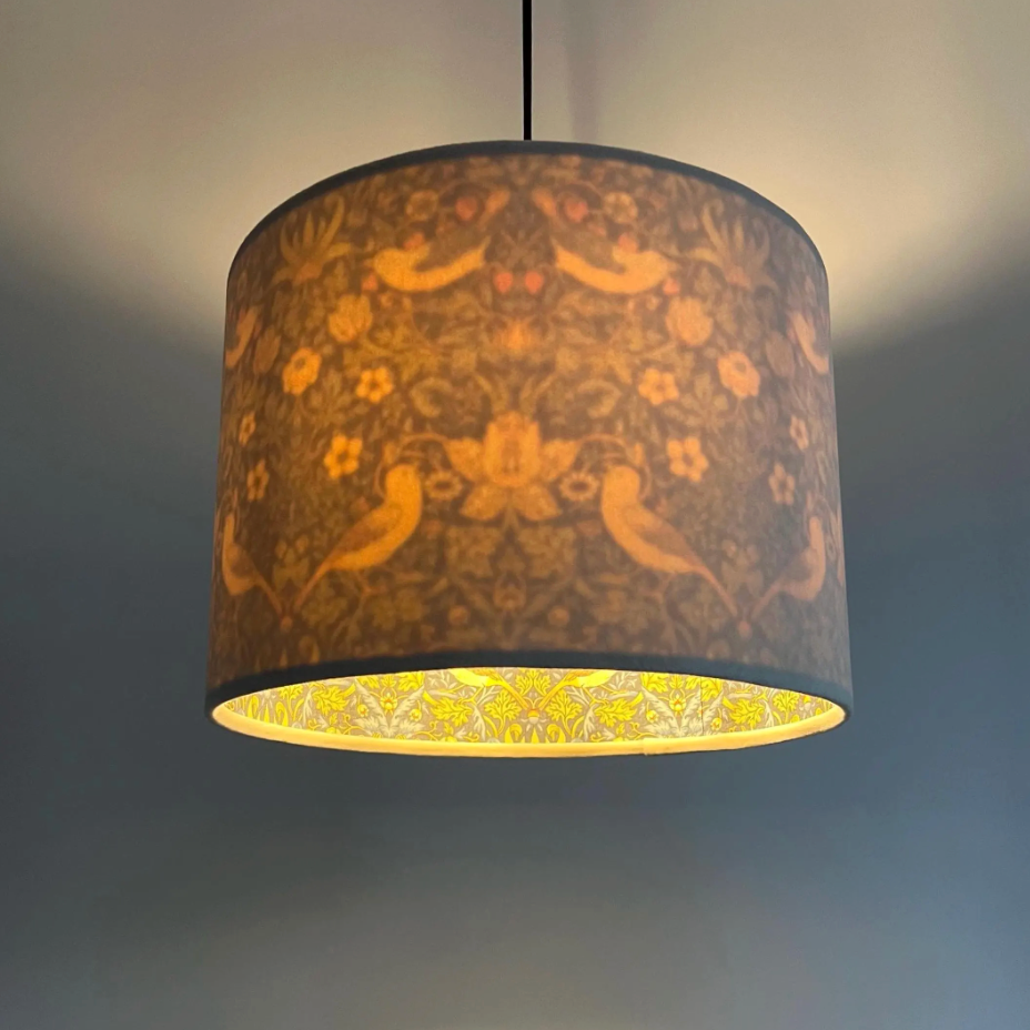 Cream Velvet & Navy Strawberry Thief Double Sided Drum Lampshade | Handmade Ceiling Light Shade | Bespoke UK