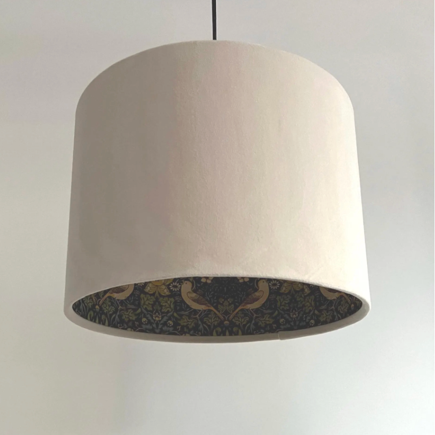 Cream Velvet & Navy Strawberry Thief Double Sided Drum Lampshade | Handmade Ceiling Light Shade | Bespoke UK