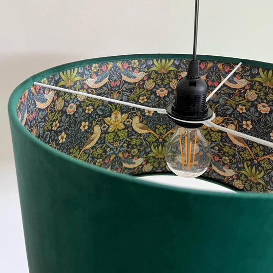 Bottle Green Velvet & Navy Strawberry Thief Double Sided Drum Lampshade | Handmade Ceiling Light Shade | Bespoke UK