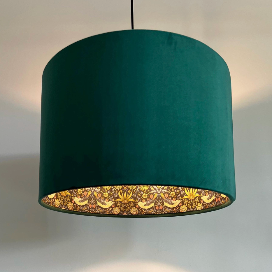 Bottle Green Velvet & Navy Strawberry Thief Double Sided Drum Lampshade | Handmade Ceiling Light Shade | Bespoke UK