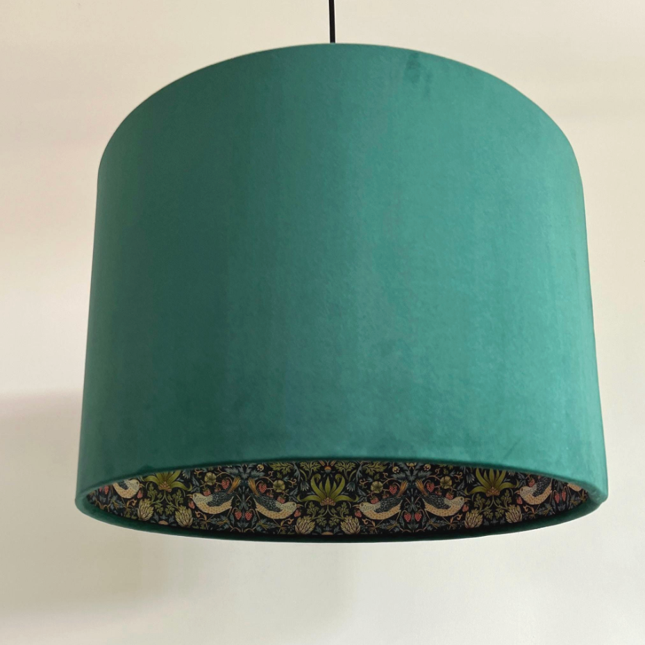 Bottle Green Velvet & Navy Strawberry Thief Double Sided Drum Lampshade | Handmade Ceiling Light Shade | Bespoke UK