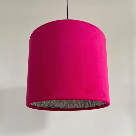 Cerise Pink Velvet & William Morris Blue Willow Leaves Double Sided Drum Lampshade | Handmade Ceiling Light Shade | Bespoke UK