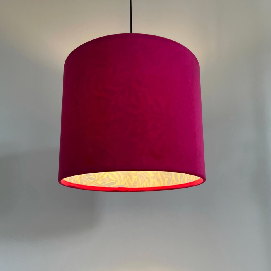 Cerise Pink Velvet & William Morris Blue Willow Leaves Double Sided Drum Lampshade | Handmade Ceiling Light Shade | Bespoke UK