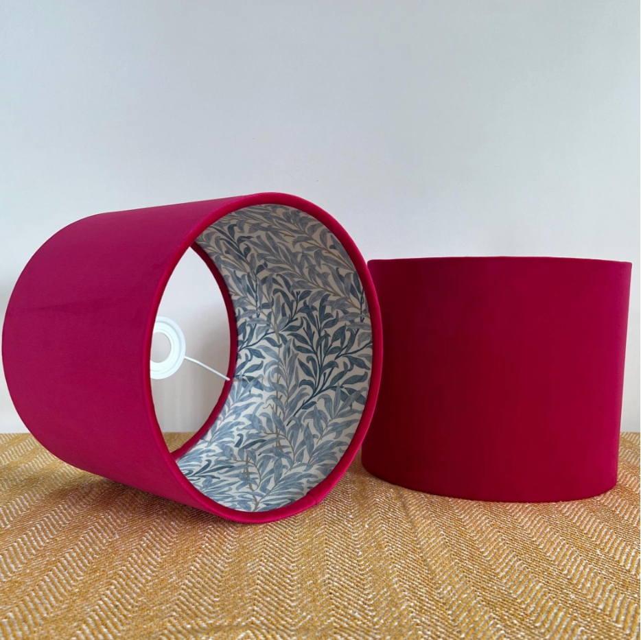 Cerise Pink Velvet & William Morris Blue Willow Leaves Double Sided Drum Lampshade | Handmade Ceiling Light Shade | Bespoke UK