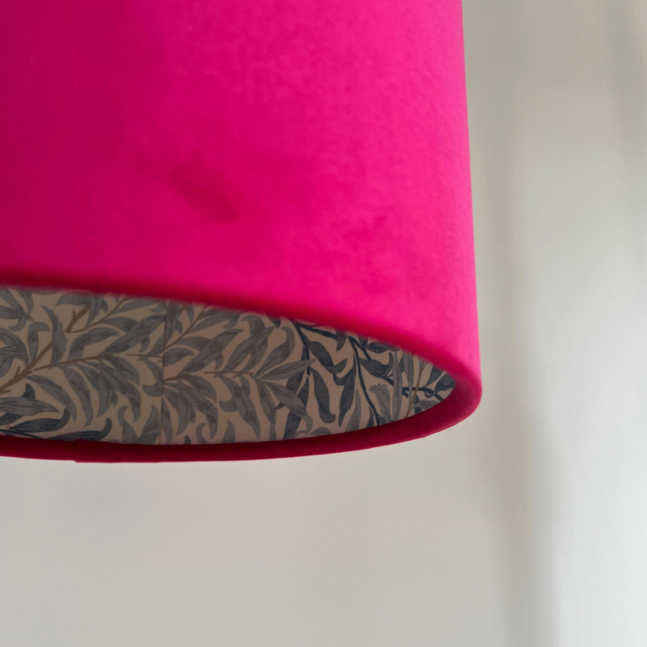 Cerise Pink Velvet & William Morris Blue Willow Leaves Double Sided Drum Lampshade | Handmade Ceiling Light Shade | Bespoke UK