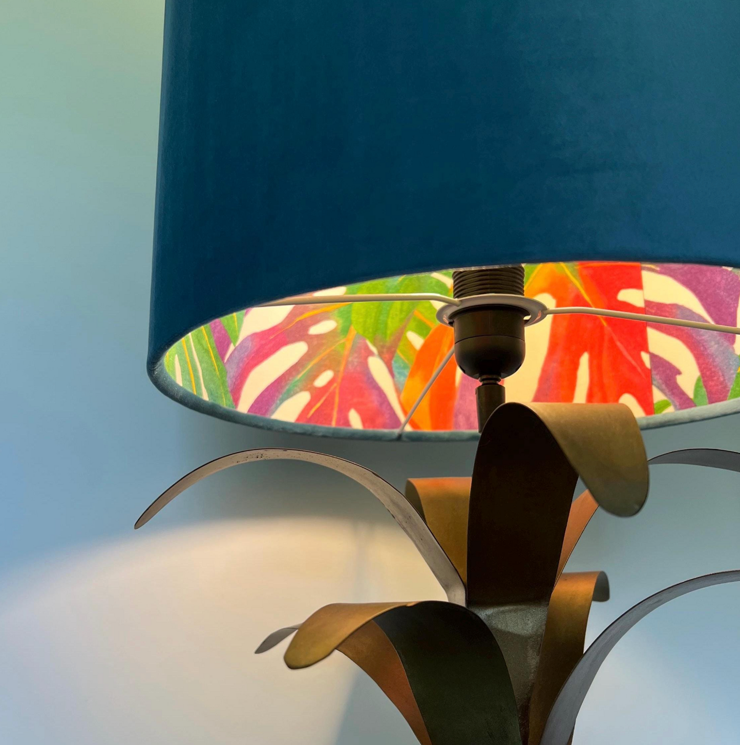 Velvet & Multicoloured Leaves Double Sided Drum Lampshade | Handmade Ceiling Light Shade | Bespoke UK