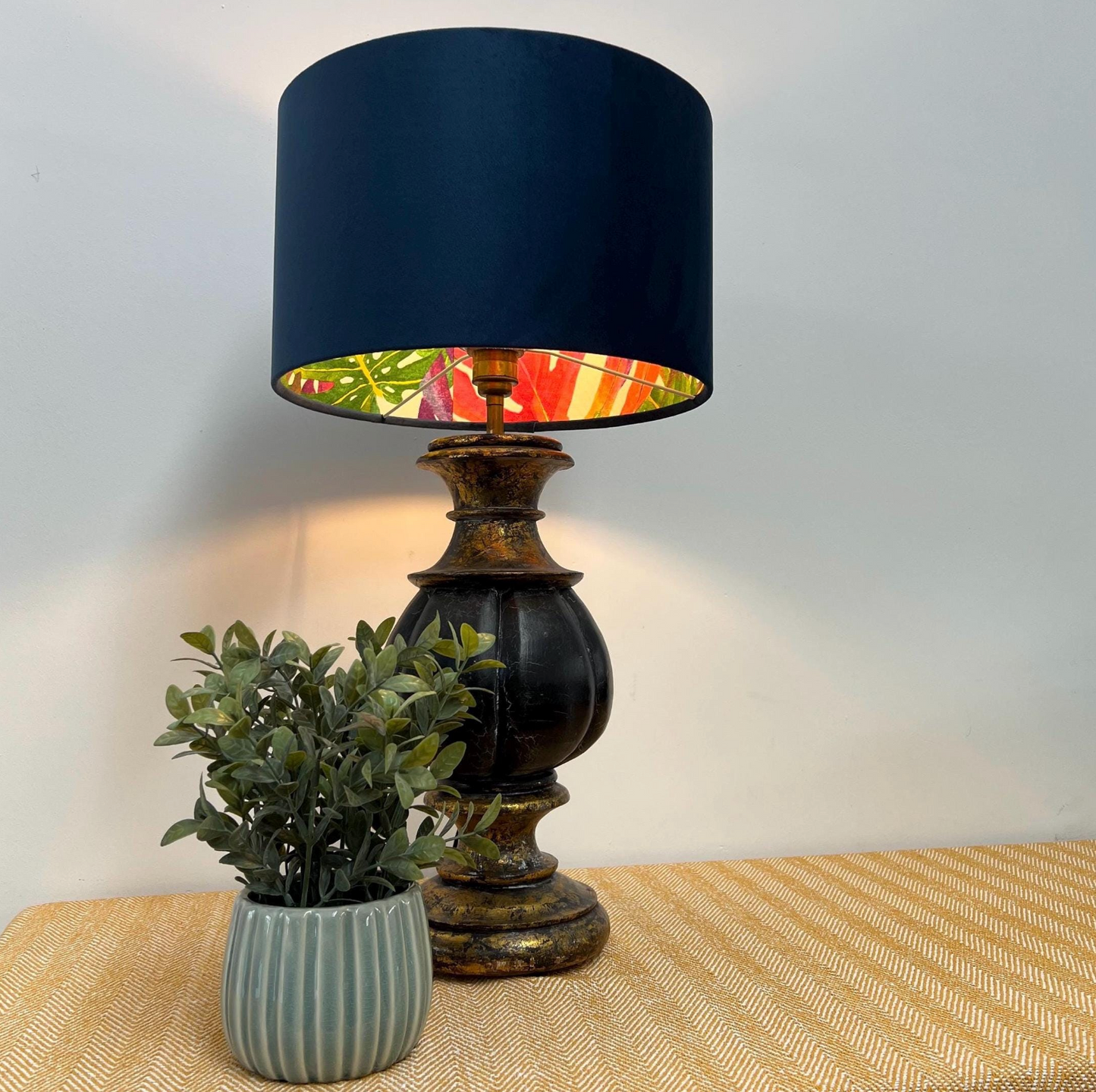 Velvet & Multicoloured Leaves Double Sided Drum Lampshade | Handmade Ceiling Light Shade | Bespoke UK