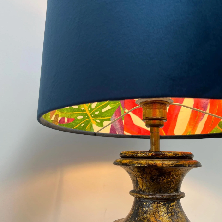 Navy Velvet & Multicoloured Leaves Double Sided Drum Lampshade | Handmade Ceiling Light Shade | Bespoke UK