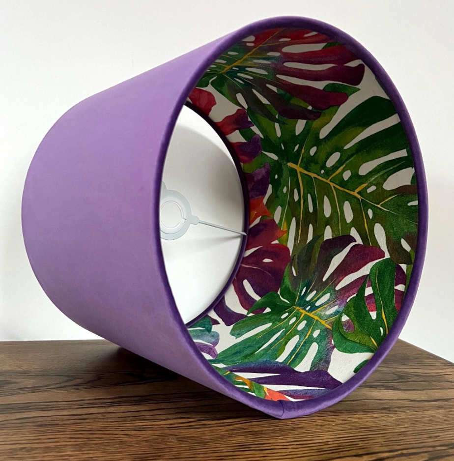 Velvet & Multicoloured Leaves Double Sided Drum Lampshade | Handmade Ceiling Light Shade | Bespoke UK