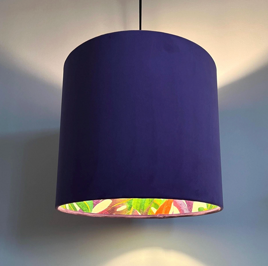 Purple Velvet & Multicoloured Leaves Double Sided Drum Lampshade | Handmade Ceiling Light Shade | Bespoke UK