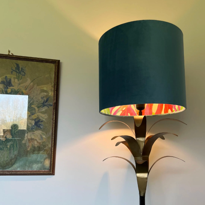 Teal Velvet & Multicoloured Leaves Double Sided Drum Lampshade | Handmade Ceiling Light Shade | Bespoke UK