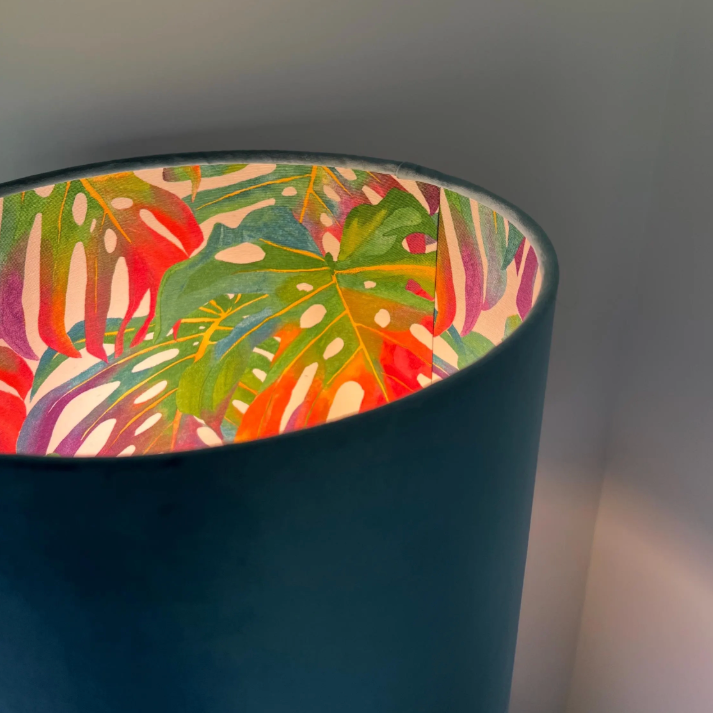 Teal Velvet & Multicoloured Leaves Double Sided Drum Lampshade | Handmade Ceiling Light Shade | Bespoke UK
