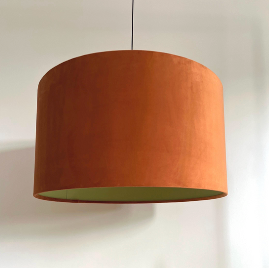 Burnt Orange Velvet & Sage Green Cotton Double Sided Drum Lampshade | Handmade Ceiling Light Shade | Bespoke UK