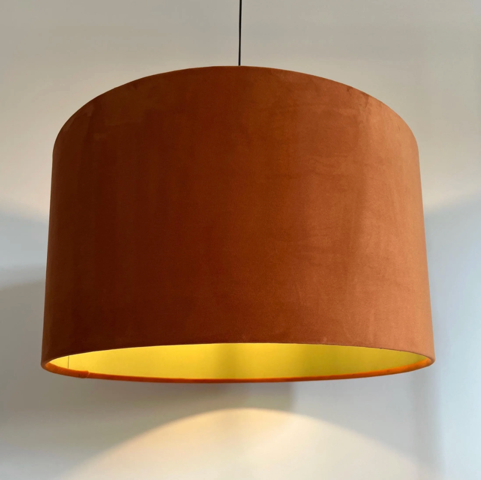 Burnt Orange Velvet & Sage Green Cotton Double Sided Drum Lampshade | Handmade Ceiling Light Shade | Bespoke UK
