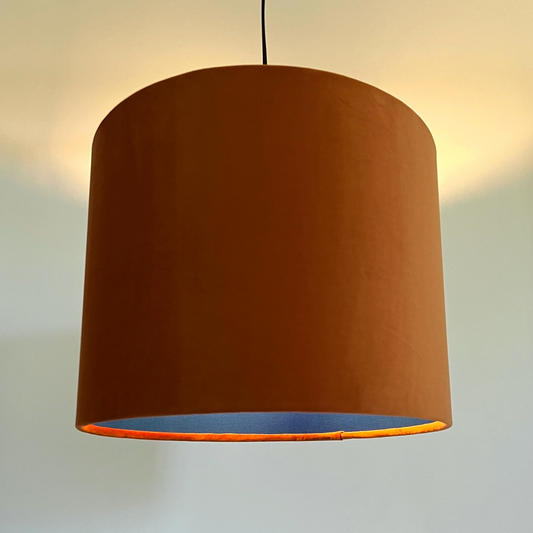 Burnt Orange Velvet & Royal Blue Cotton Double Sided Drum Lampshade | Handmade Ceiling Light Shade | Bespoke UK