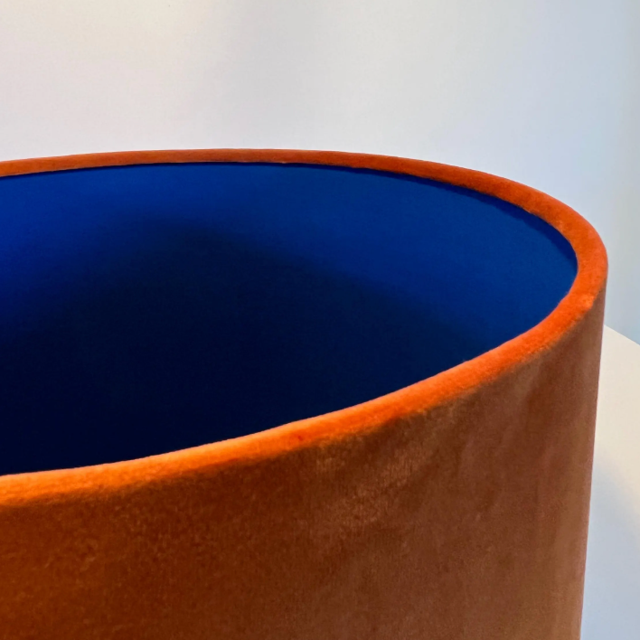 Burnt Orange Velvet & Royal Blue Cotton Double Sided Drum Lampshade | Handmade Ceiling Light Shade | Bespoke UK