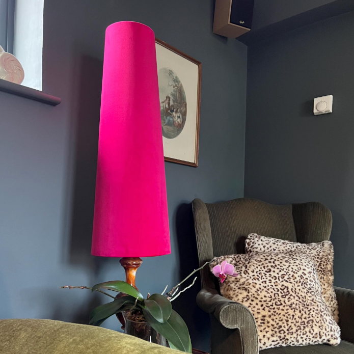 Cerise Pink Velvet Lampshade | Extra Tall Cone Light Shade | Bespoke Handmade UK