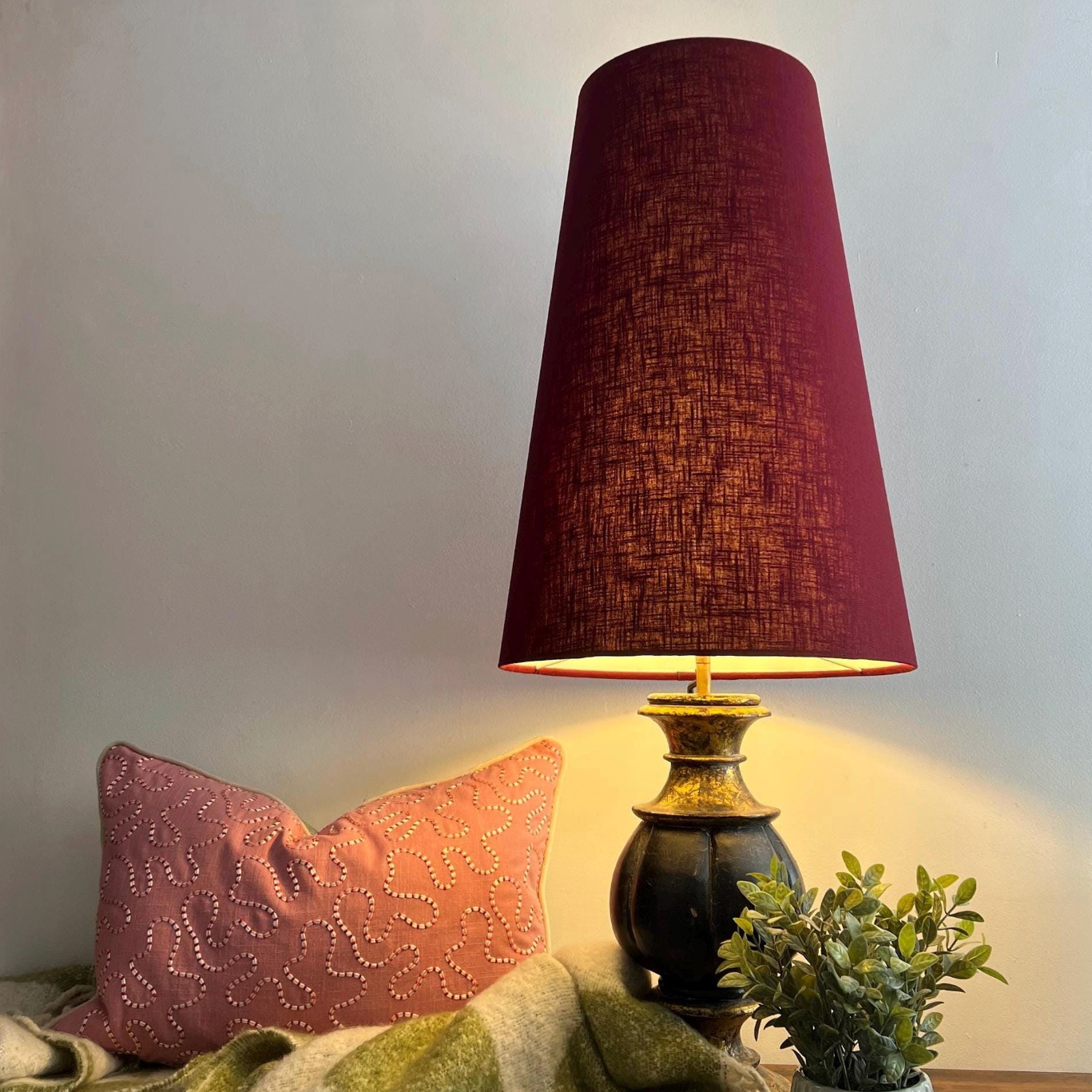 Burgundy Red Linen Lampshade | Extra Tall Cone Light Shade | Bespoke Handmade UK