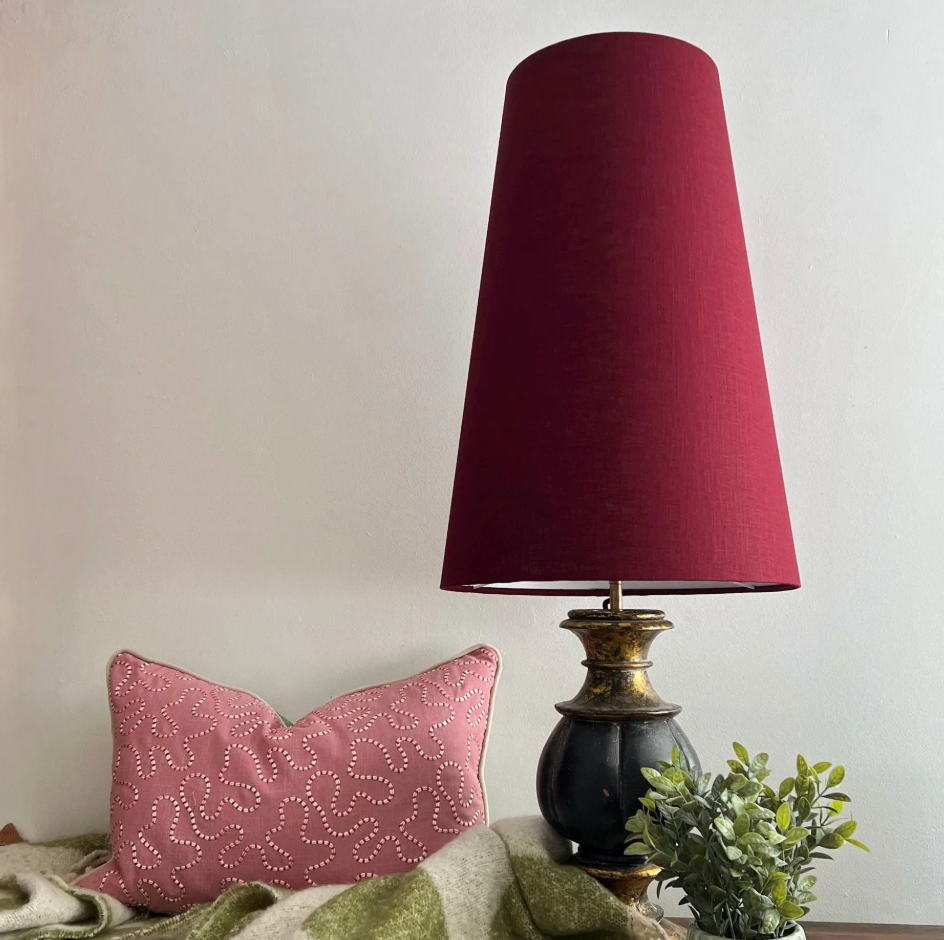 Burgundy Red Linen Lampshade | Extra Tall Cone Light Shade | Bespoke Handmade UK