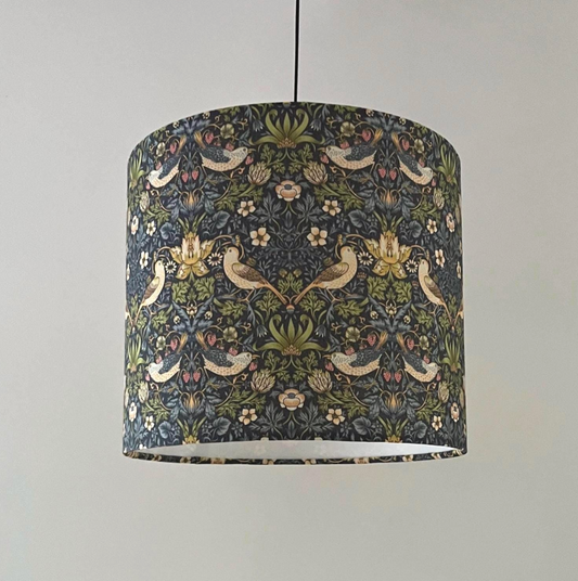William Morris Navy strawberry thief cotton drum lampshade/ ceiling shade with a white lining