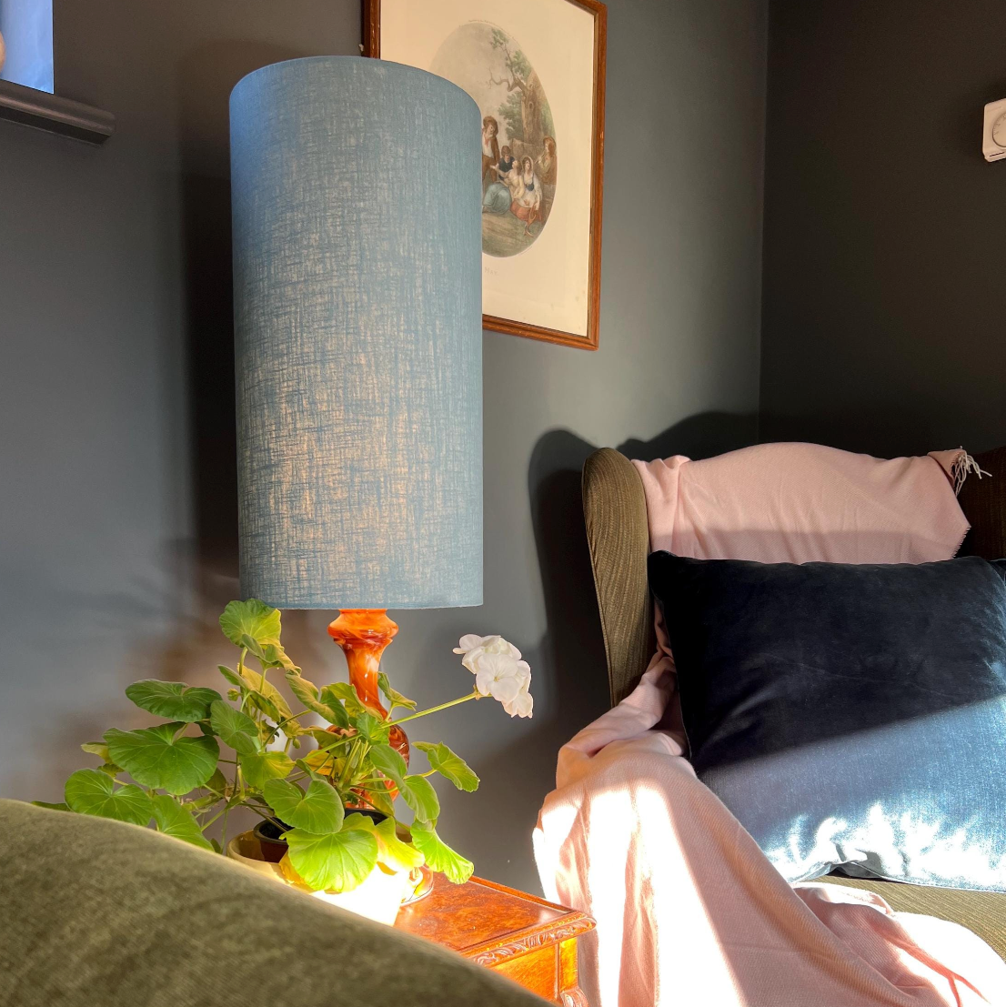 Teal Linen Lampshade | Extra Tall Cylinder Ceiling Light Shade | Bespoke Handmade UK