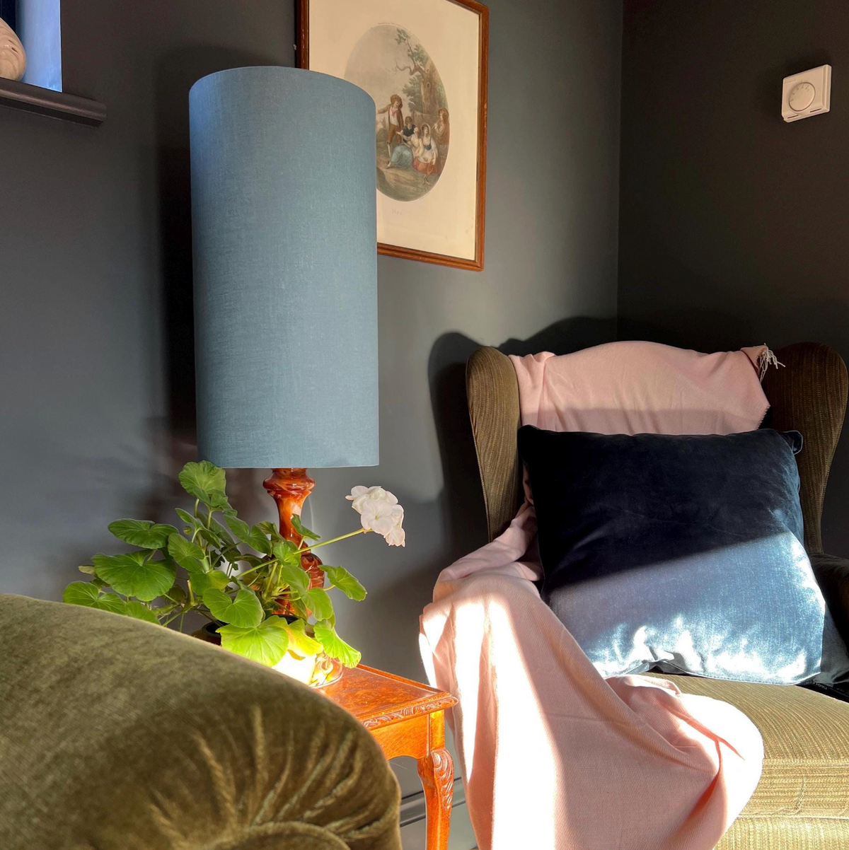 Teal Linen Lampshade | Extra Tall Cylinder Ceiling Light Shade | Bespoke Handmade UK