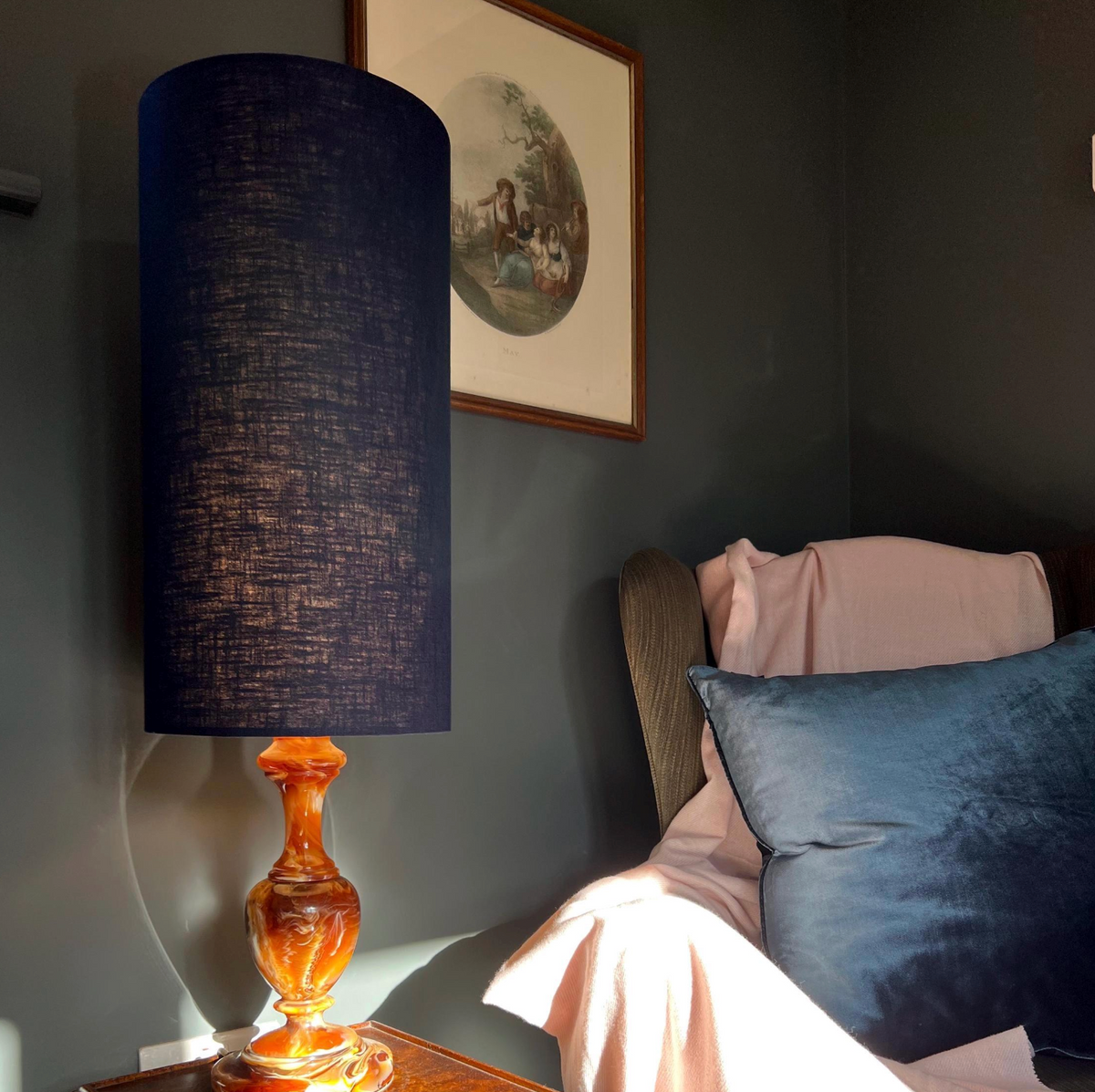 Navy blue Linen Lampshade | Extra Tall Cylinder Light Shade | Bespoke Handmade UK